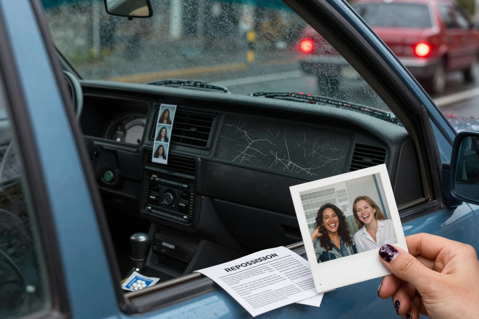 The dashboard of an old blue car with a photograph and recovery notice