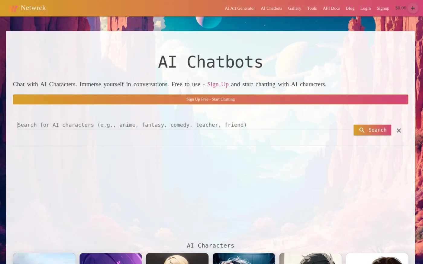 Netwrck character browser. You can look around before signing up.