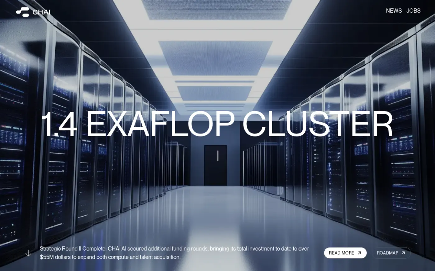 Chai Research site, Aug 2026: 1.4 exaflop cluster, $55M+ raised. Infrastructure marketing.