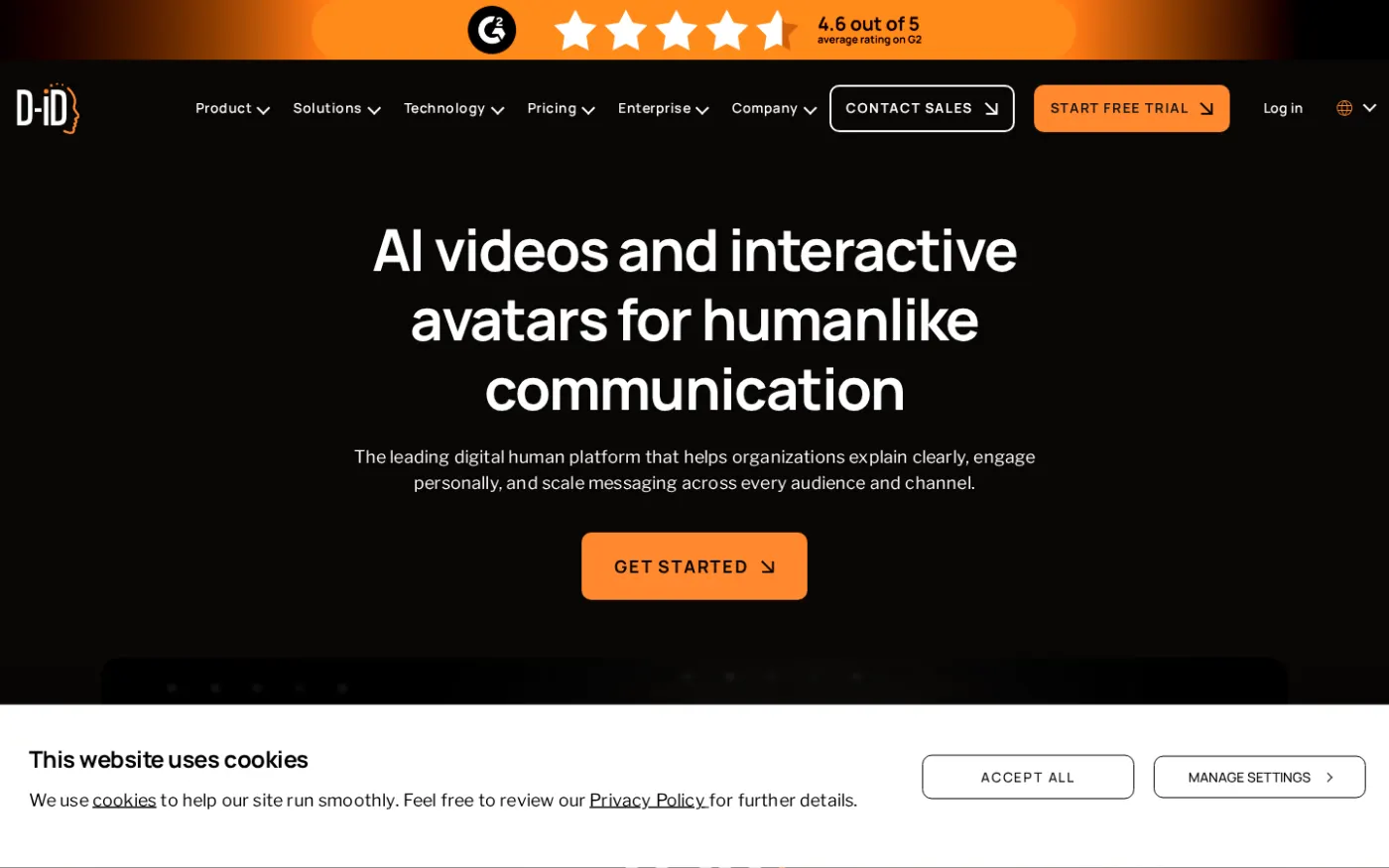 D-ID homepage, Aug 2026: digital humans for organizations, API-first.