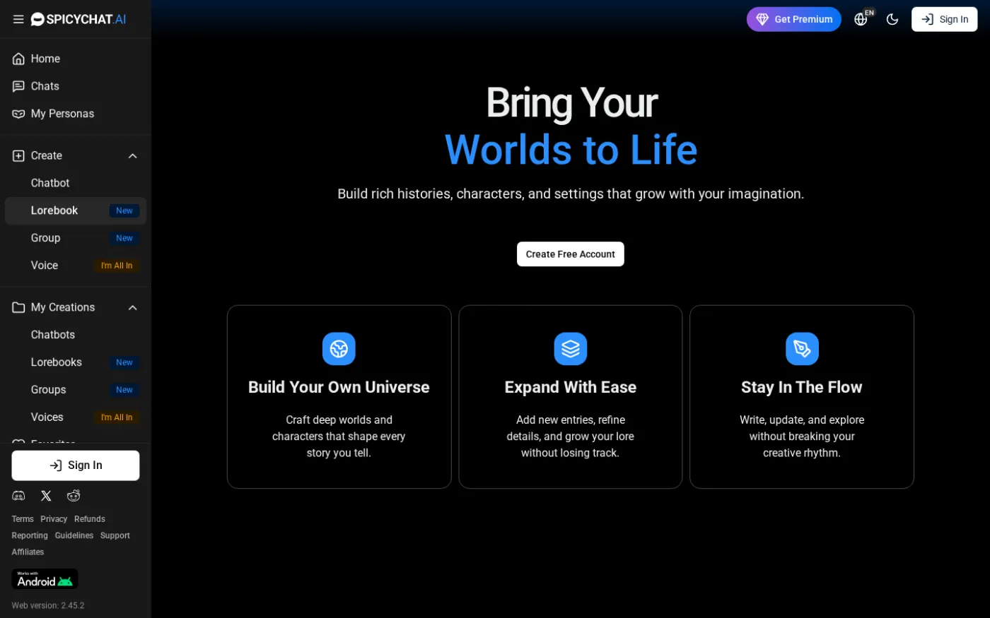 SpicyChat public site, Aug 2026. Lorebook, Group and Voice are first-class nav items.