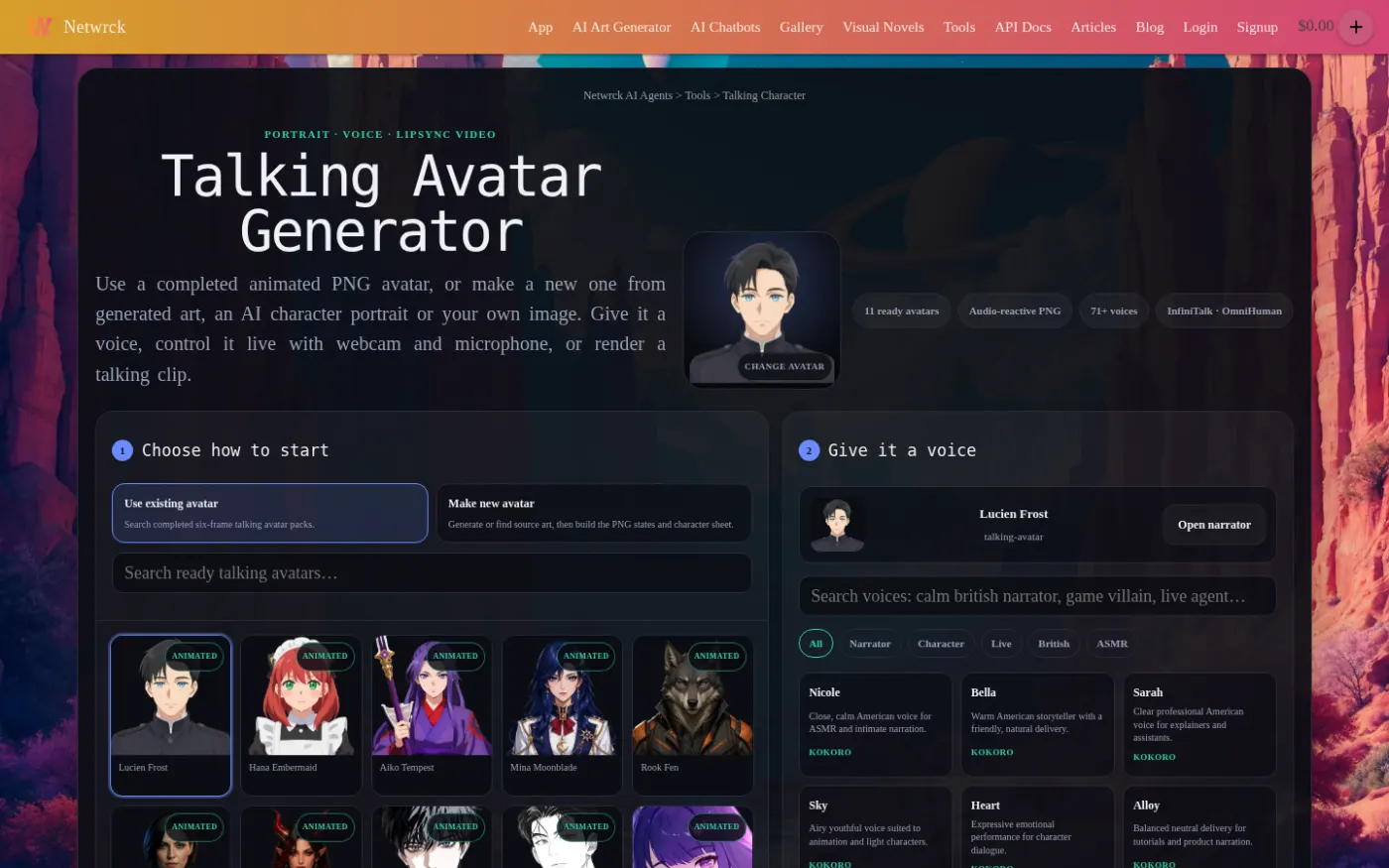 Talking avatar builder with ready animated characters and Kokoro-labelled voices.